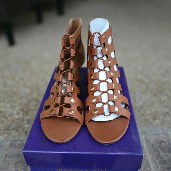 NWT Madden girl Hastee cognac par wedge heel sandals zipper closure size 7 - Picture 3 of 7